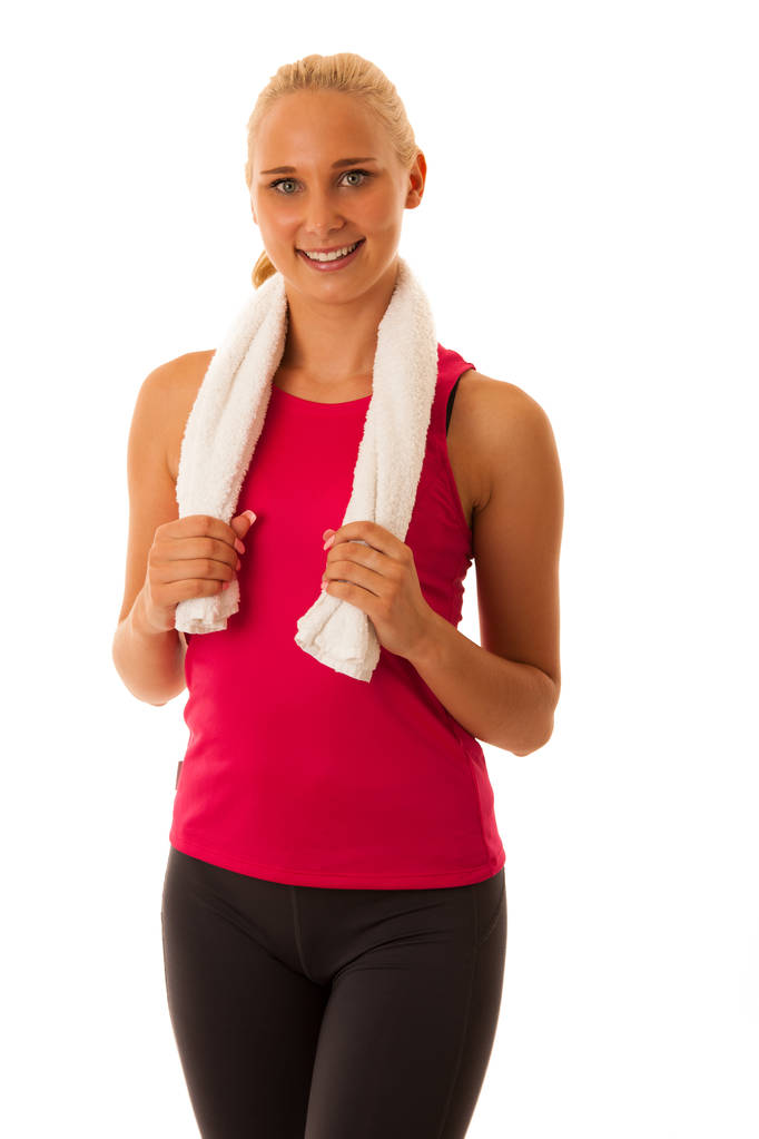healthy lifestyle sport success - fit blond woman with towel res - Photo, Image