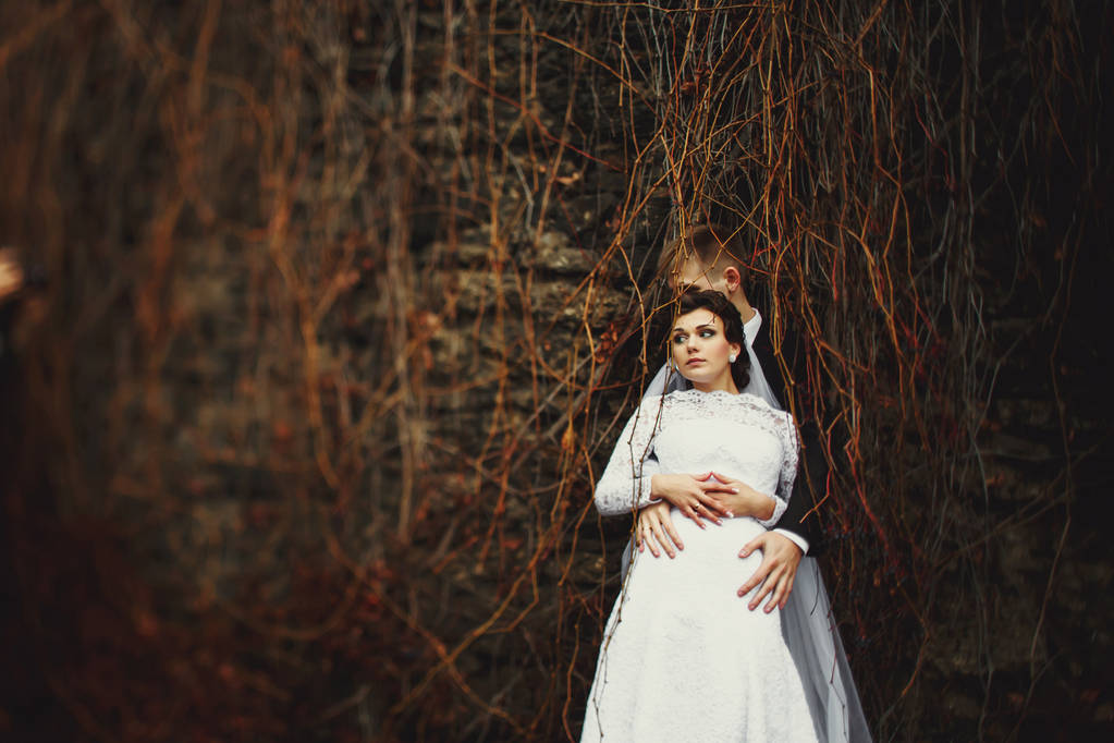 Groom étreint une mariée par derrière debout sous un lierre sec
 - Photo, image