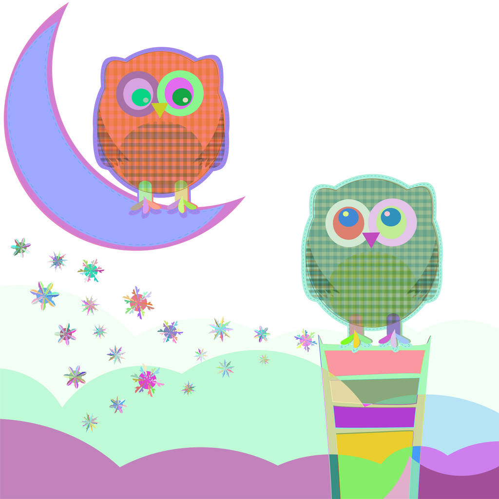 Карточка с двумя совами на ветке в день, векторная иллюстрация
 - Фото, изображение