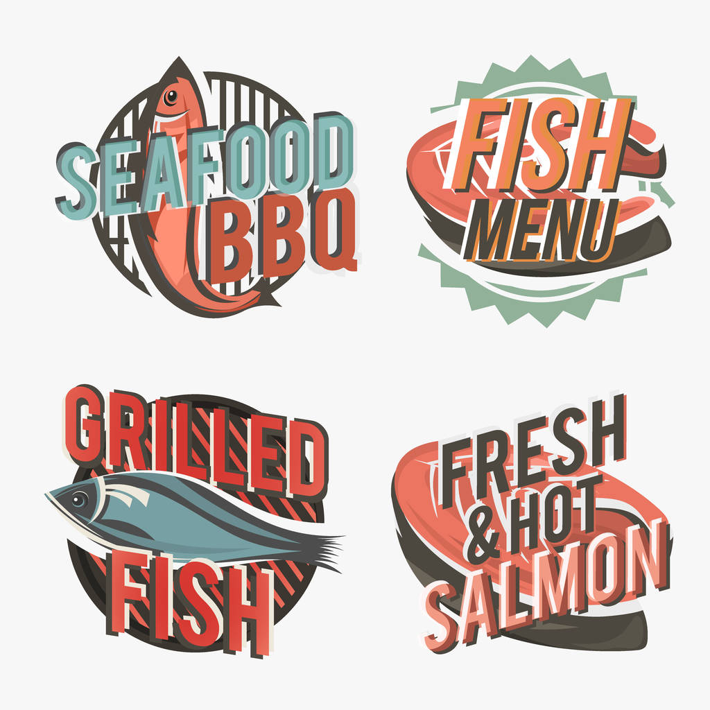 Conjunto criativo de logotipos de peixe incluem bife de salmão e silhueta de peixe grelhado. Ilustração vetorial. Logotipos de peixe utilizados para publicidade de pratos de peixe, mercado de peixe, churrasqueira, bistrô ou menu de restaurante
. - Vetor, Imagem