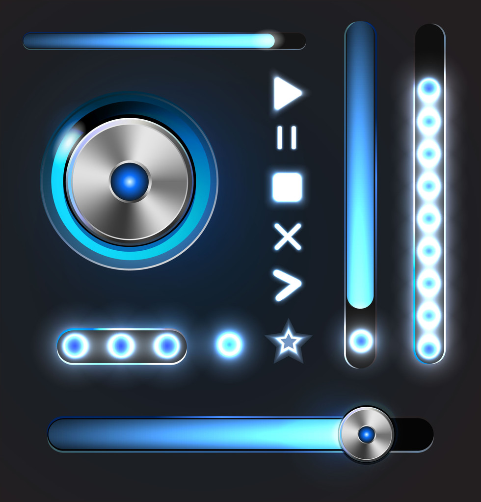 Equalizer and player glossy metal buttons with track bar. - Vector, Image