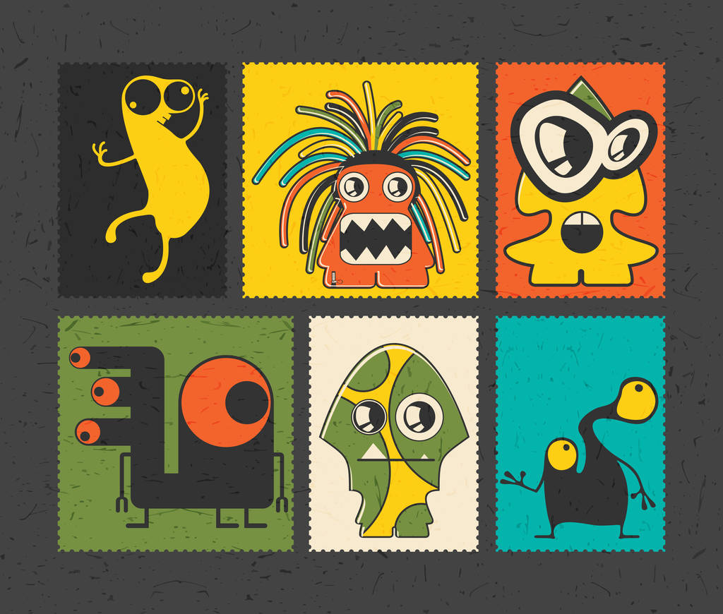 Σετ ρετρό του γραμματοσήμου με αστεία τέρατα σε διαφορετικό χρώμα φόντου,  - Διάνυσμα, εικόνα