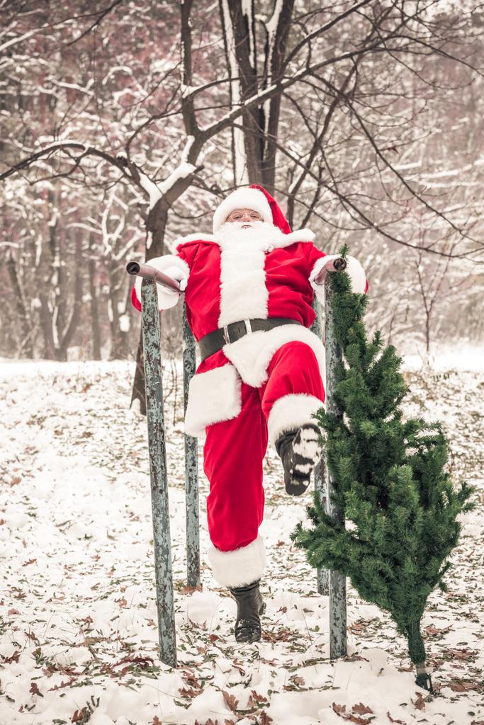 Santa Claus doing push ups in forest - Photo, Image