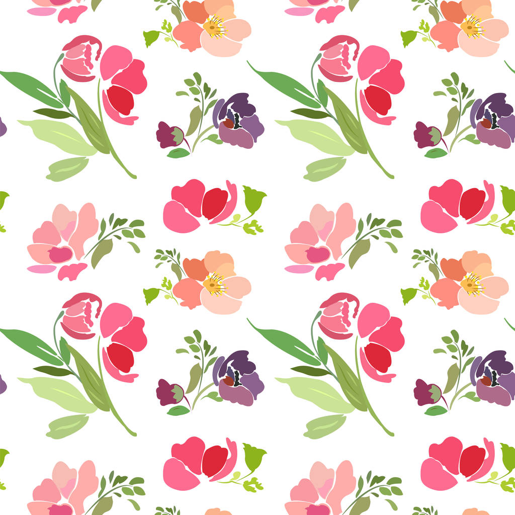 Naadloze patroon met heldere bloemen en bladeren op een witte achtergrond - Vector, afbeelding