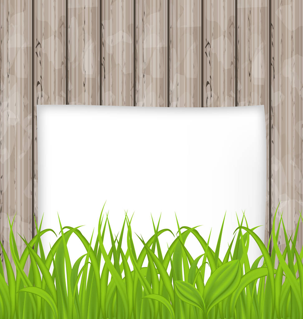 Césped verde y hoja de papel sobre textura de madera
 - Foto, Imagen