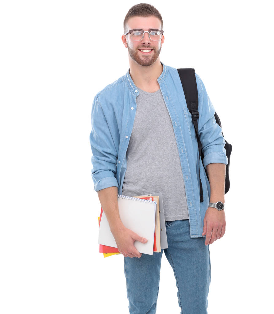 Молодий чоловік стоїть з сумочкою ізольовано на білому тлі
 - Фото, зображення