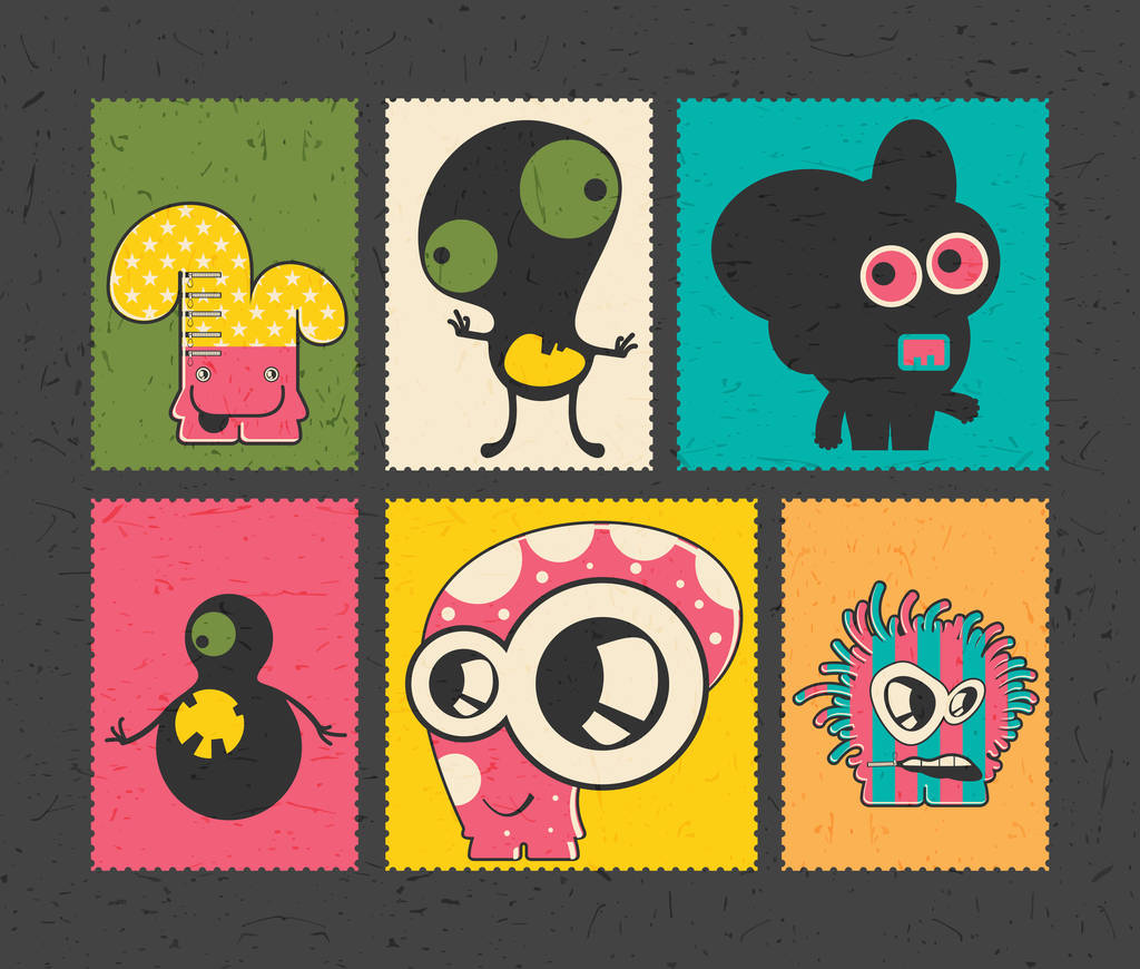 Набор из шести ретро-почтовых марок со смешными монстрами на разном цветном фоне
, . - Вектор,изображение