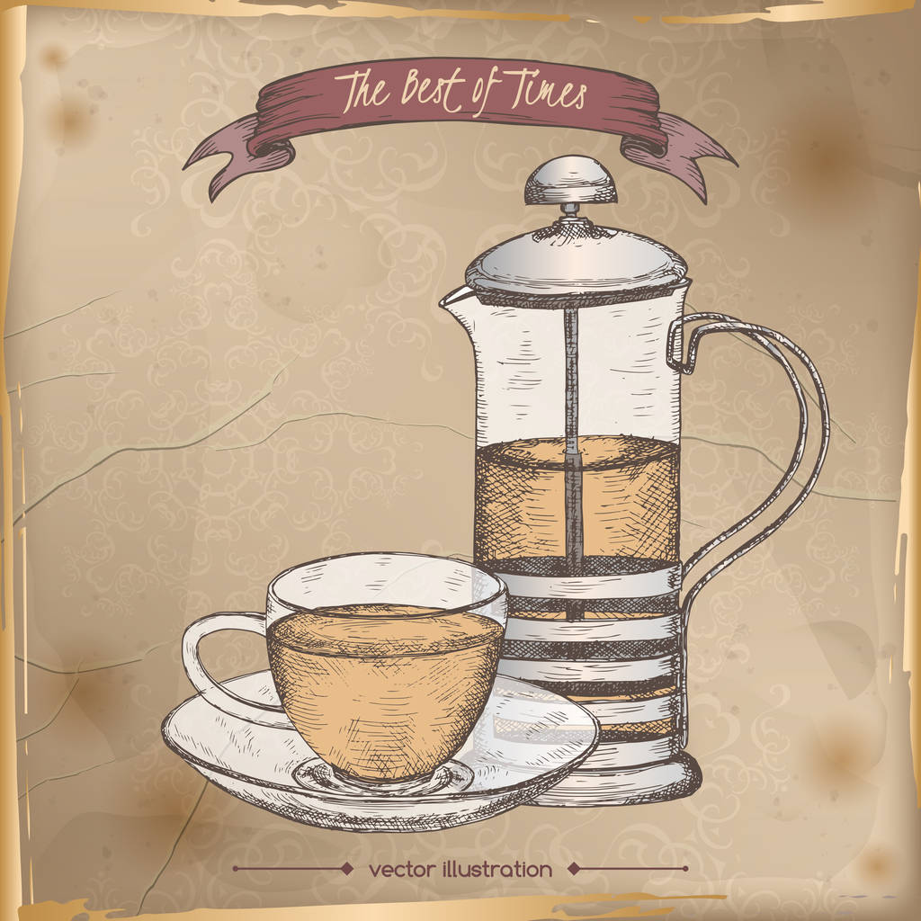 Color tea press and cup sketch placed on vintage background. - Vector, Image