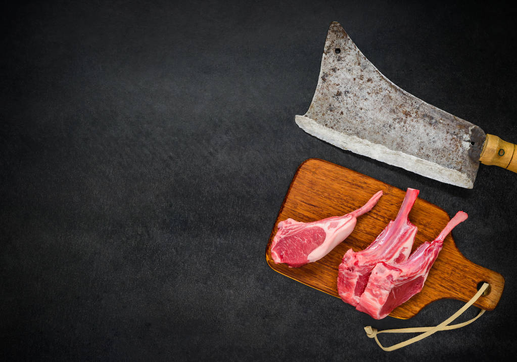 Raw Lamb Ribs with Meat Cleaver and Copy Space - Photo, Image