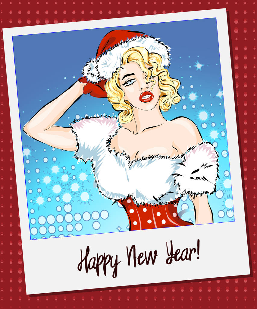 Bonne année carte polaroid avec Pin-up girl, illustration vectorielle dessinée à la main
 - Vecteur, image