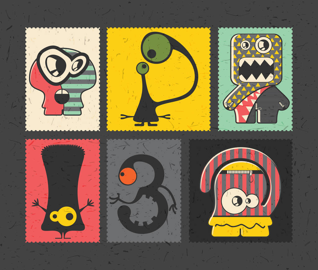 Набор из шести ретро-почтовых марок со смешными монстрами на разном цветном фоне
. - Вектор,изображение