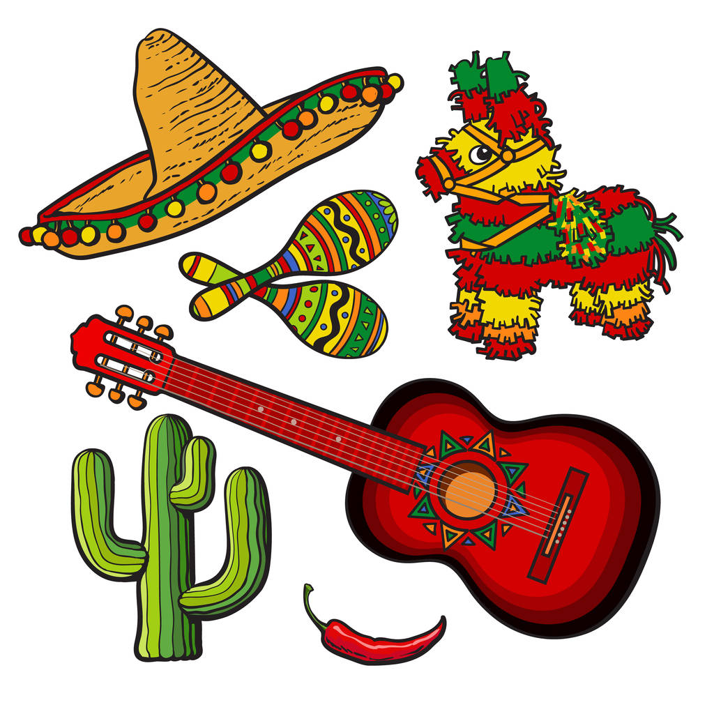 Mexikói beállítása sombrero, pinata, maraca, kaktusz, chili és a spanyol gitár - Vektor, kép