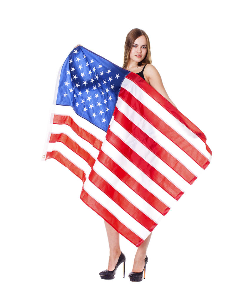 Seksikäs nainen jolla on suuri Amerikan lippu
  - Valokuva, kuva