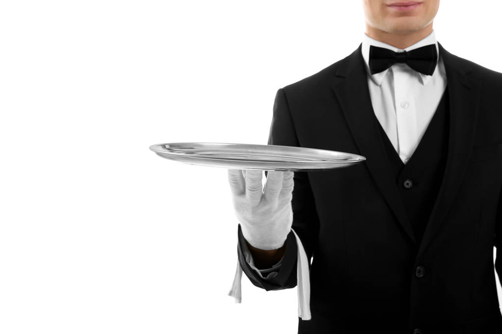 αρσενικό σερβιτόρος δίσκο εκμετάλλευση - Φωτογραφία, εικόνα