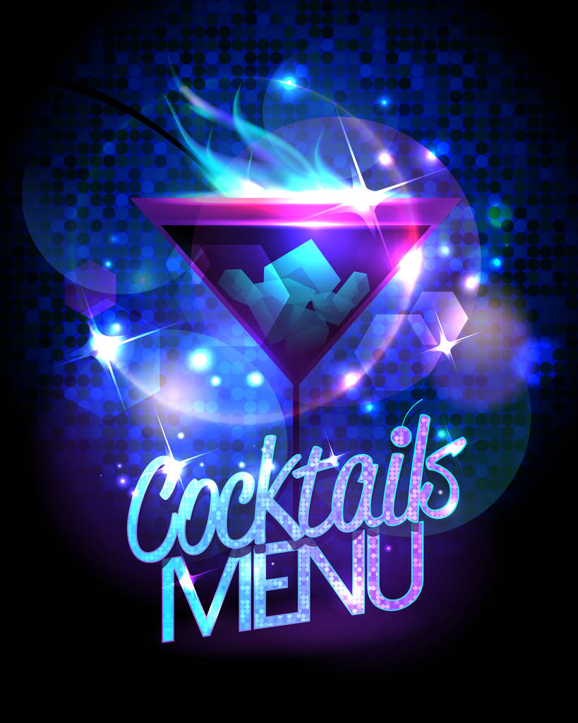 Cocktailkarte mit brennenden Cocktails und Discoglitzern  - Vektor, Bild