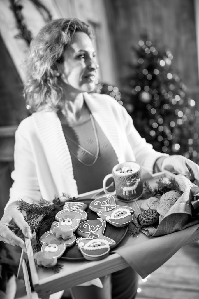 クリスマスのクッキーとトレイを保持している女性 - 写真・画像