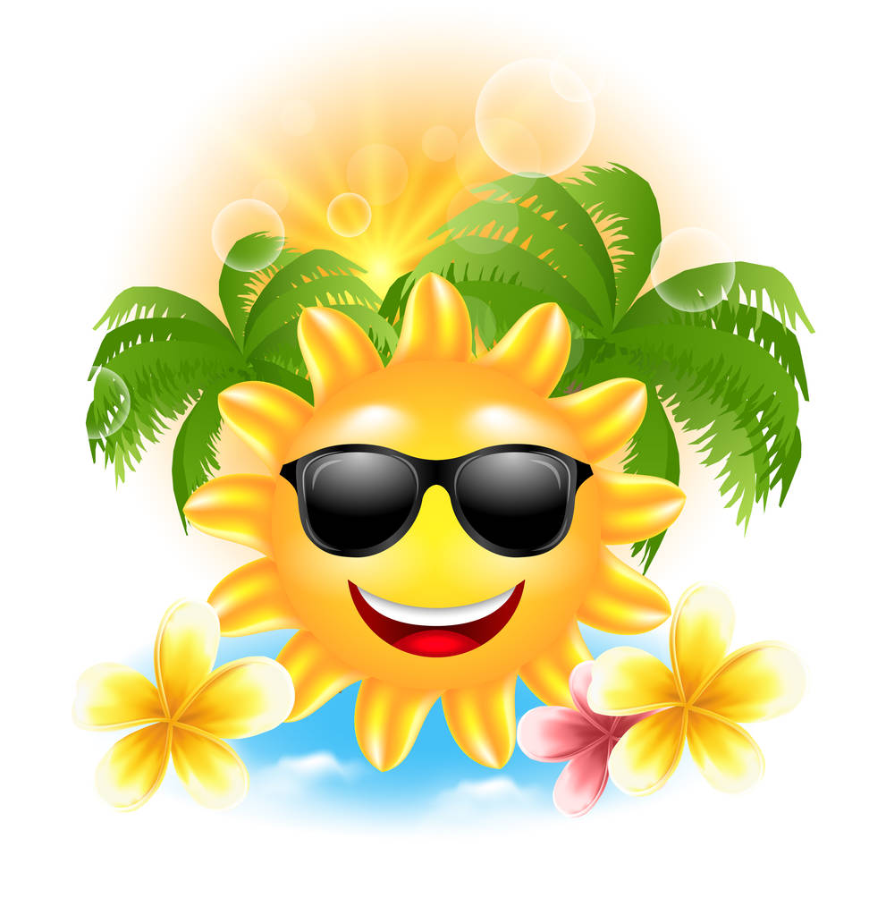 Verão engraçado fundo com feliz sorriso sol, palmas, flores Frangipani
 - Foto, Imagem