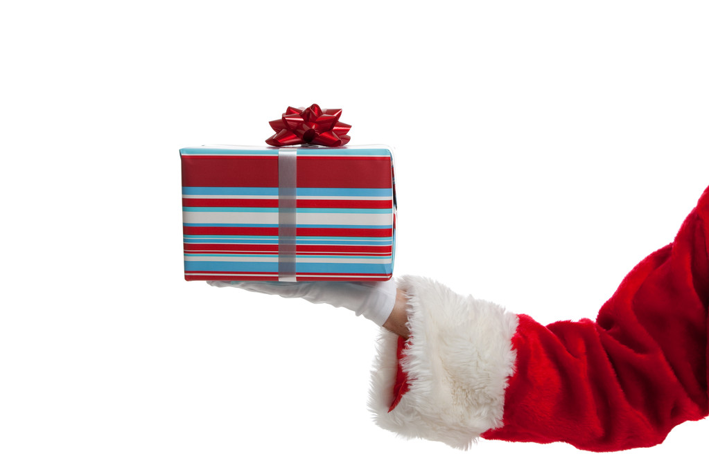 Санта дарит рождественские подарки на белом фоне
 - Фото, изображение