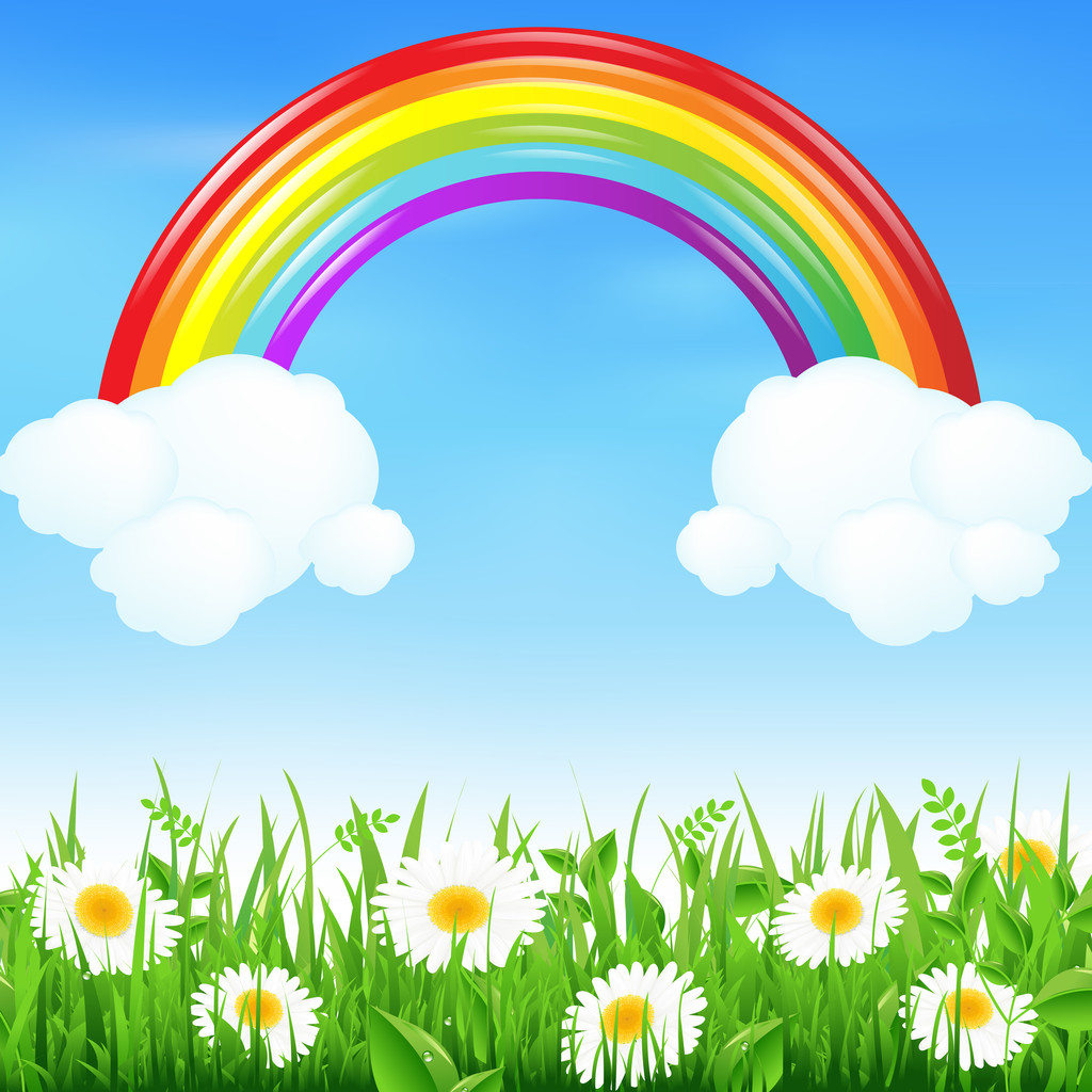 Paesaggio con arcobaleno e camomille
 - Vettoriali, immagini