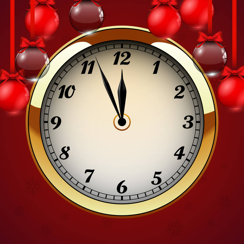Arany óra-val piros háttér labdát karácsonyi - Vektor, kép