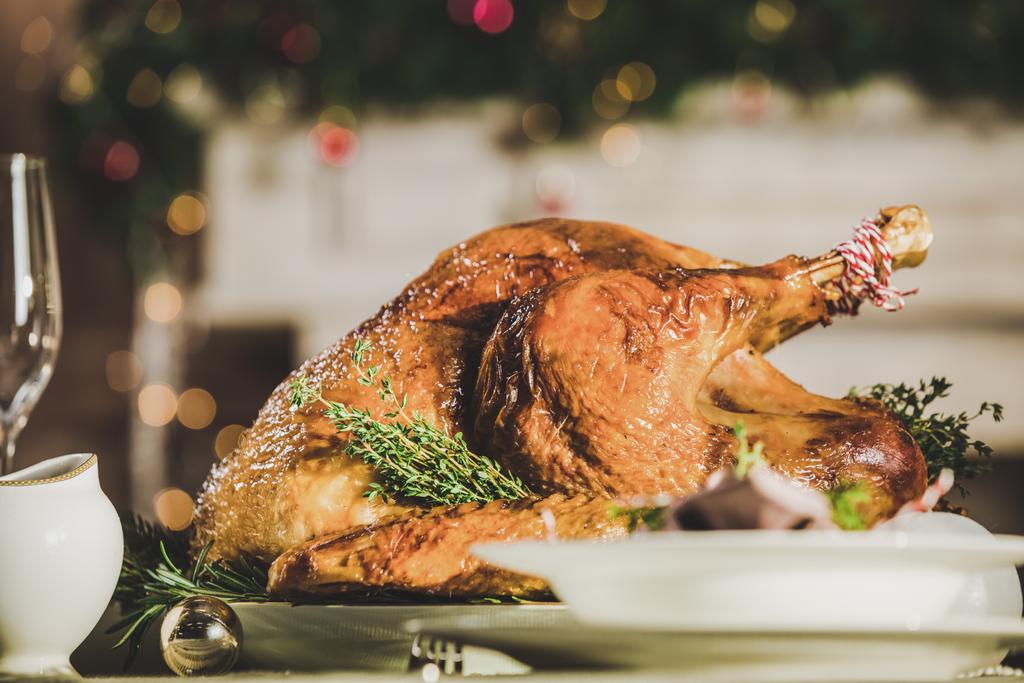 Roasted turkey on holiday table - Photo, Image