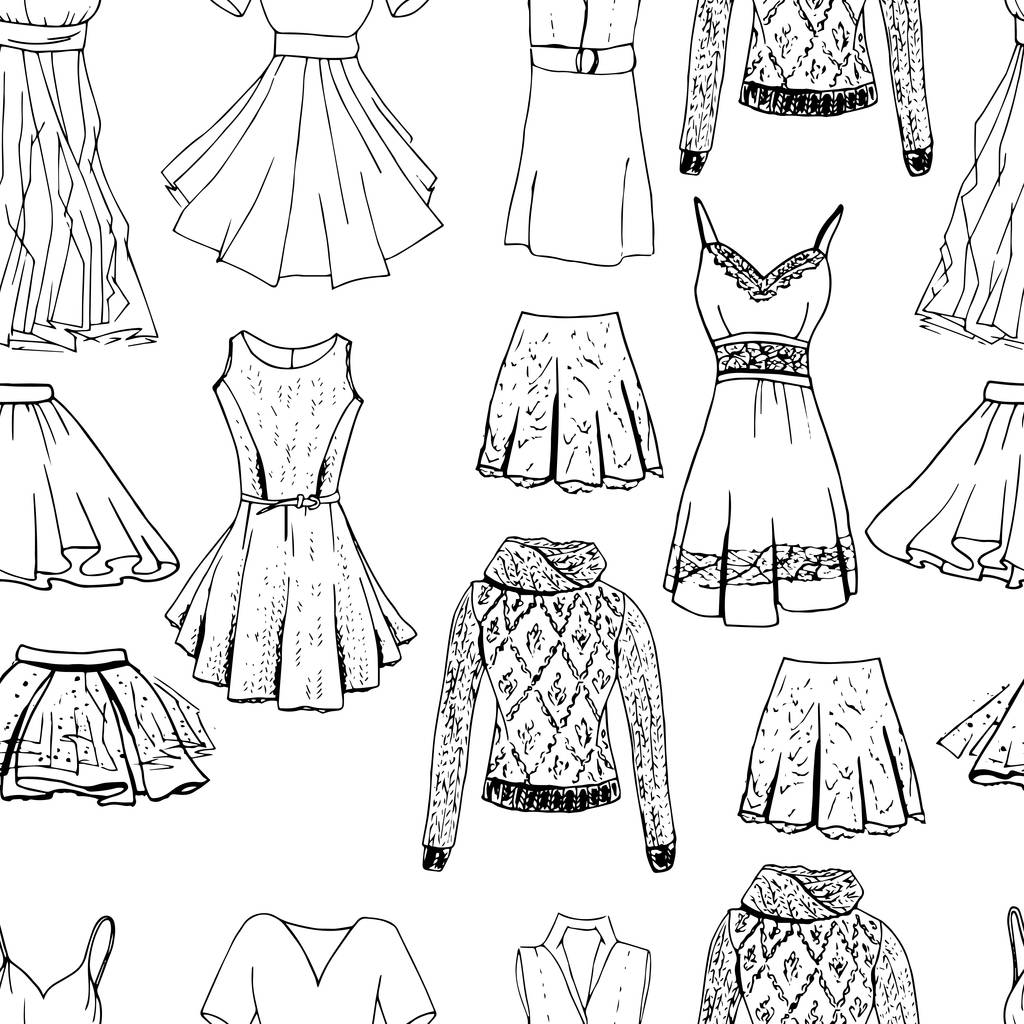 nahtloses Muster mit lässiger Frauenkleidung. Objekte auf Weiß. schwarz-weiß, monochrom - Vektor, Bild