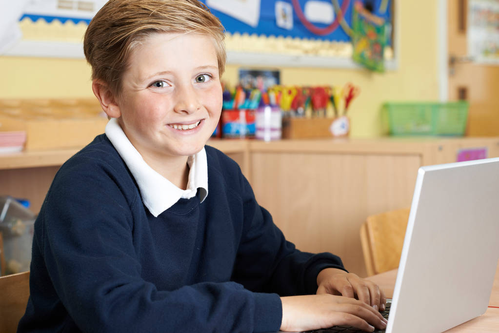 Чоловік початкової школи учня за допомогою ноутбука в комп'ютерному класі
 - Фото, зображення