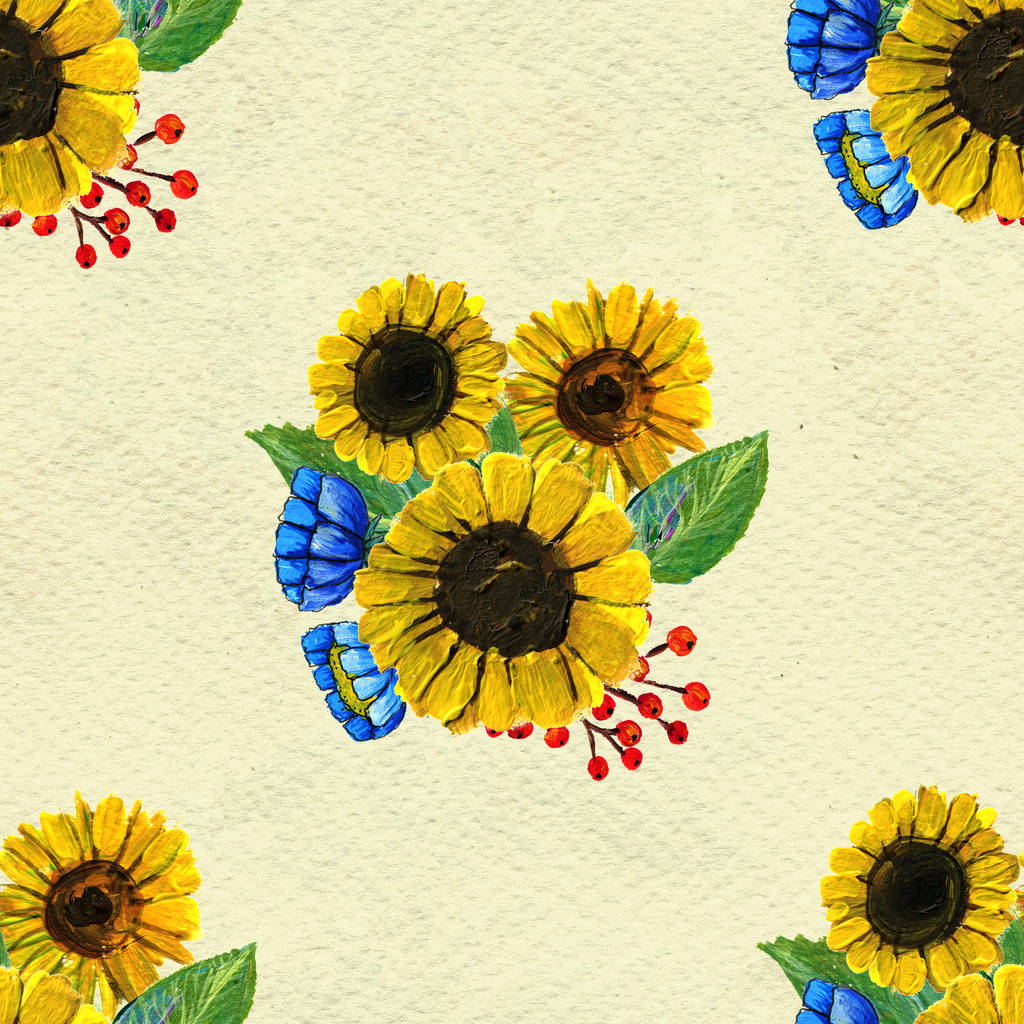 nahtloses Muster mit Sonnenblumen und Wildblumen - Foto, Bild