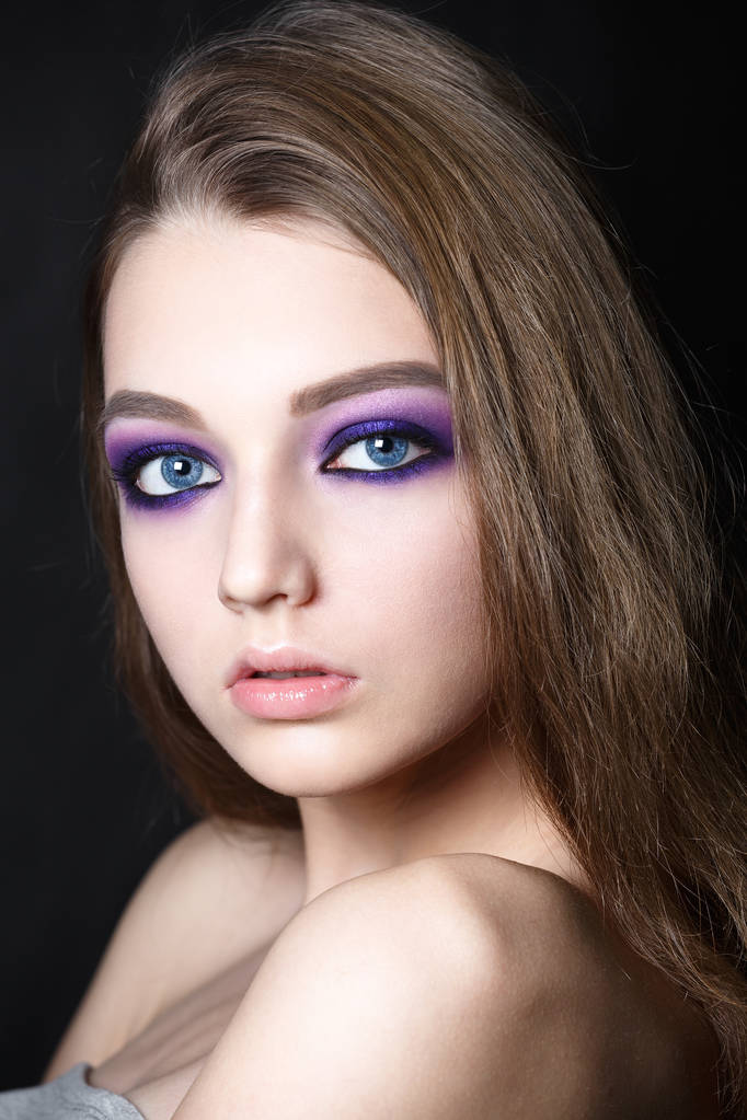Fashion model girl portrait with colorful powder make up. Beauty woman with bright color makeup. Close-up of Vogue style lady face, Abstract colourful make-up, Art design. - Photo, Image