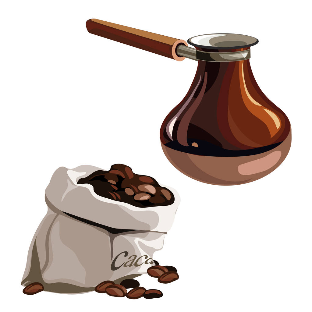 Bag with coffee beans and brown Turk. Vector - Vector, Image