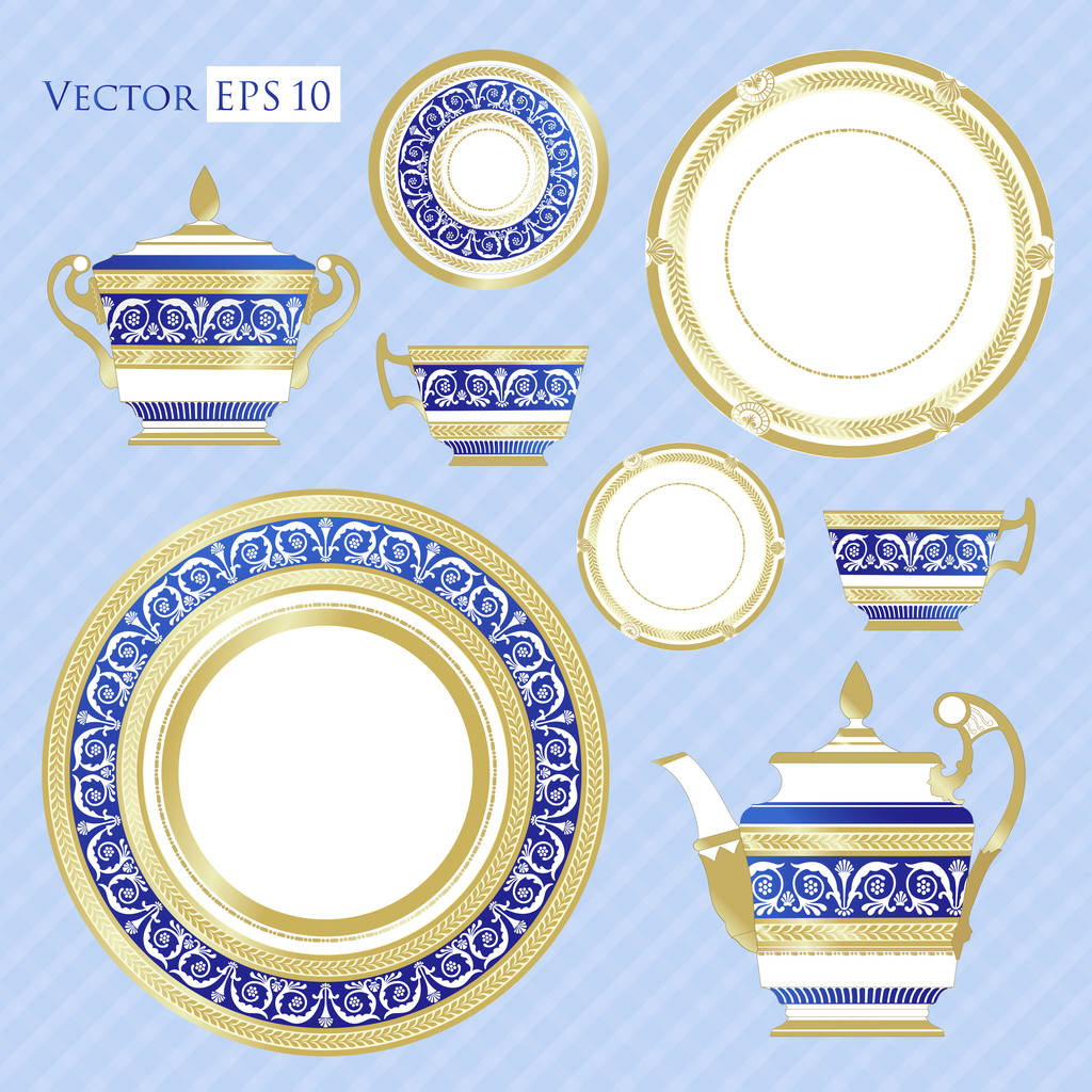 Fine China - Set of porcelain. Services. Teapots, cups, sugar bowls, saucers and plates.  - Vector, Image