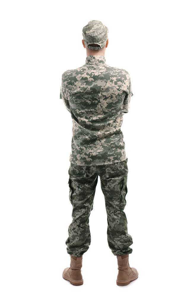 Żołnierz w kamuflażu na białym   - Zdjęcie, obraz