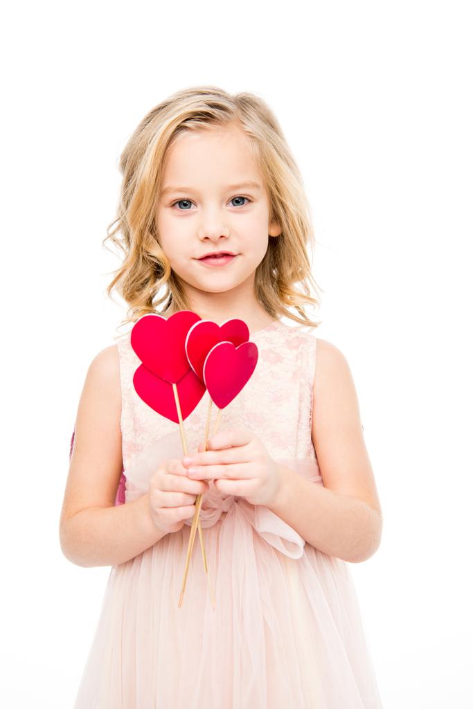Dziewczynka gospodarstwa czerwone serca  - Zdjęcie, obraz