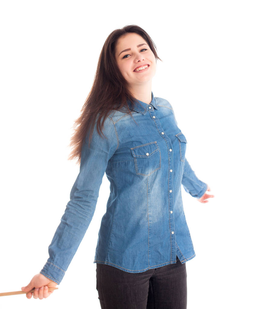 Gioioso ragazza in camicia blu posa isolato
 - Foto, immagini