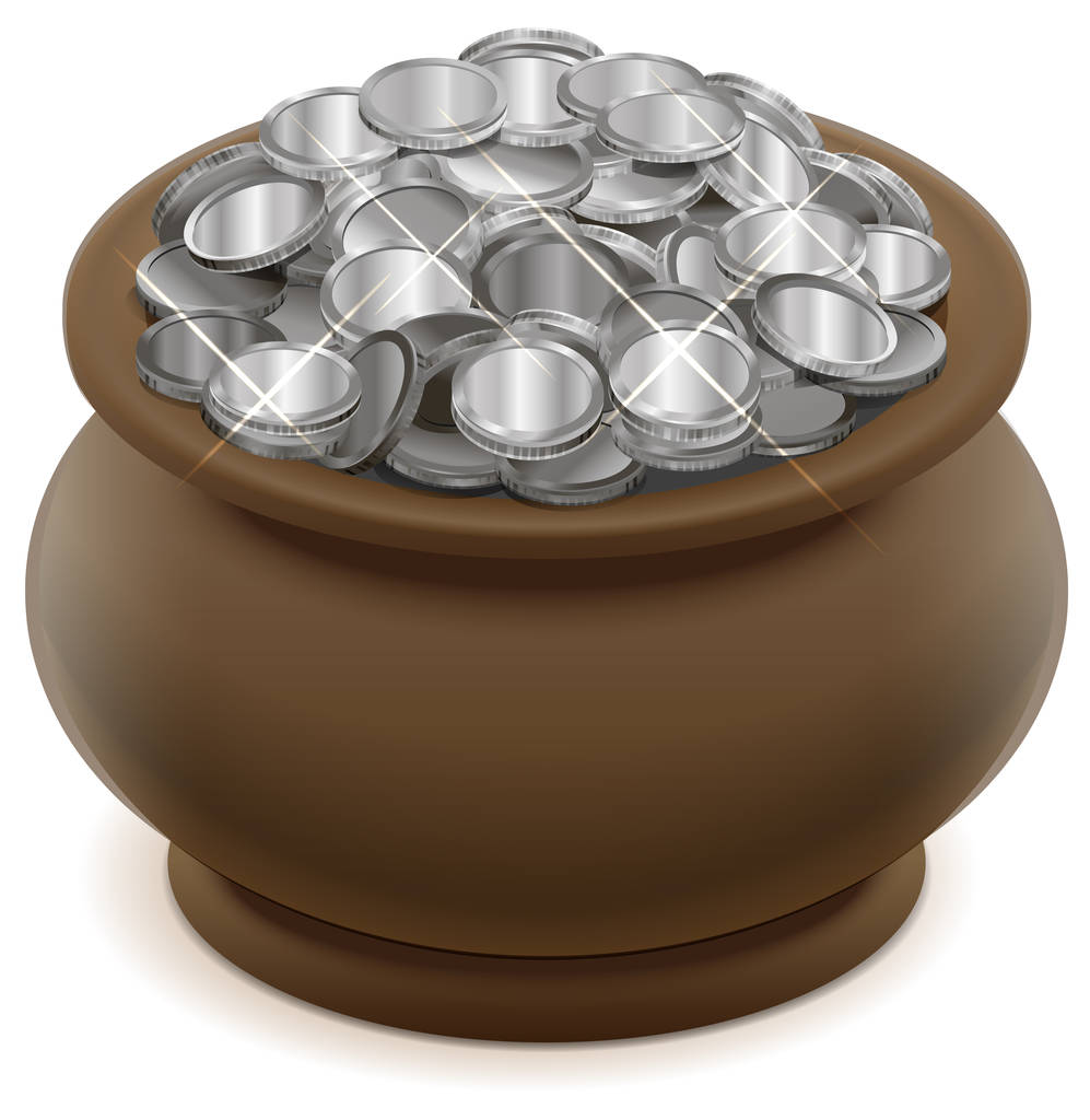 Clay ceramic pot with silver coins - Vector, Image