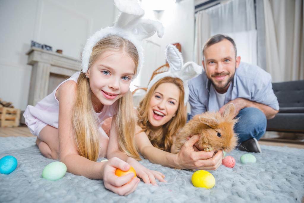 ウサギと遊ぶ家族 - 写真・画像