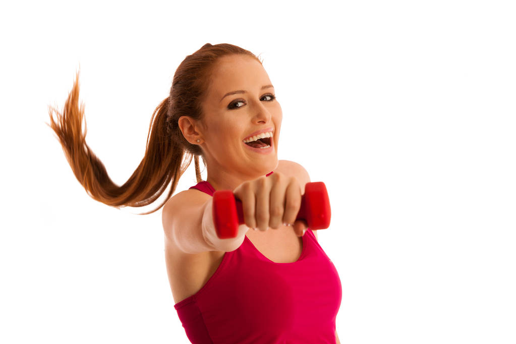 fitness kuntosali - nainen treenaa käsipainot eristetty yli valkoinen
 - Valokuva, kuva