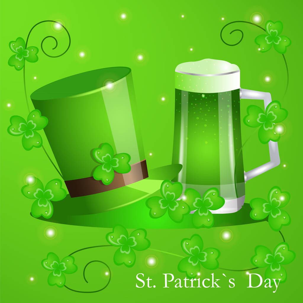 Día de San Patricio. Vector fondo sombrero verde, un vaso de cerveza y trébol. Postal, póster, dibujos animados
 - Vector, Imagen