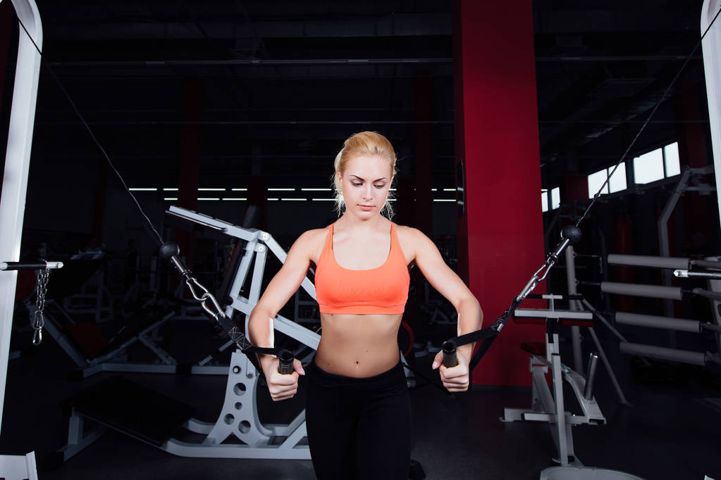Genç fitness kadın crossover egzersizleri göstermektedir. Sert egzersiz makinesi kablo spor salonu ile eğitim göğüs kasları - Fotoğraf, Görsel