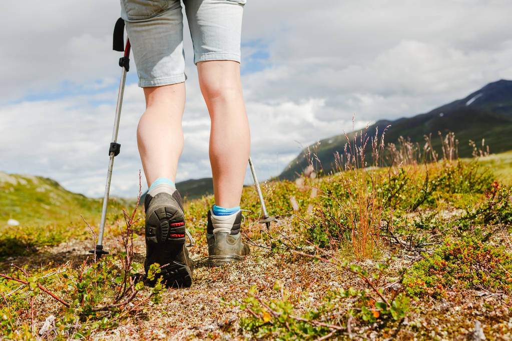 Randonneur avec sac à dos marchant dans les montagnes de Norvège. Fitness et mode de vie sain à l'extérieur
 - Photo, image