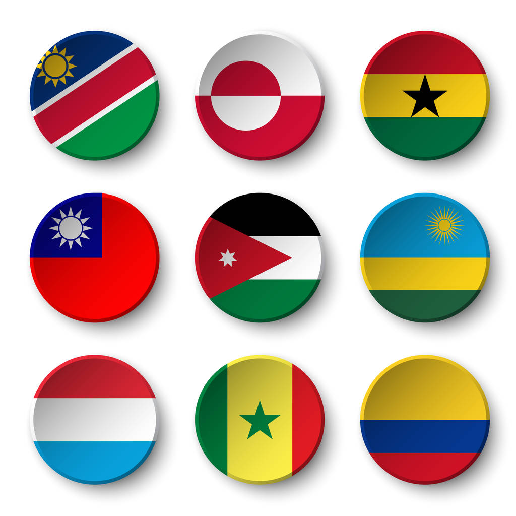 Ensemble de drapeaux du monde insignes ronds (Namibie. Groenland. Ghana. Taiwan. Jordan. Le Rwanda. Luxembourg. Sénégal. Colombie
 ) - Vecteur, image