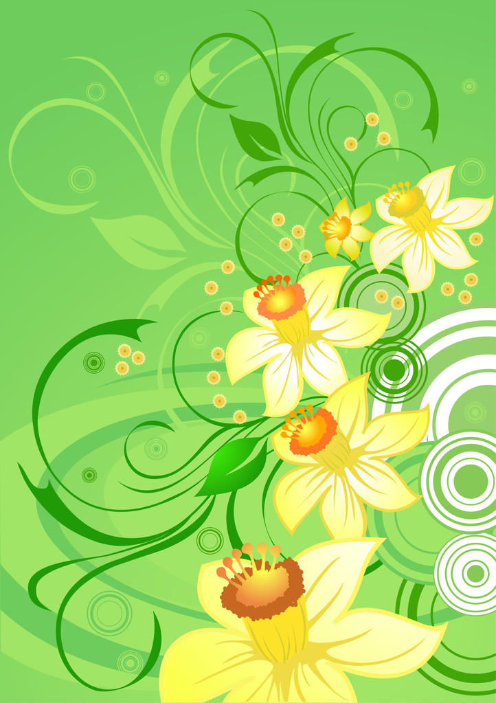 Narcisos sobre fondo floral verde
 - Vector, imagen