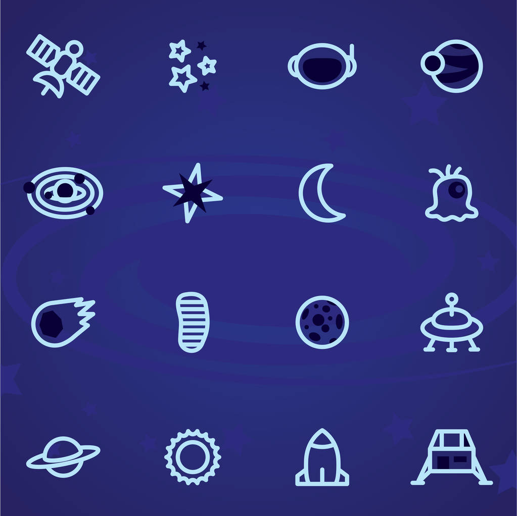 Набор векторных иконок и логотипов космоса, звезд, планет, вселенной, ракеты, луны на темном фоне
 - Вектор,изображение