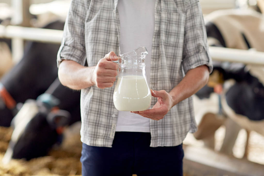 perto do homem ou do agricultor com leite na exploração leiteira
 - Foto, Imagem