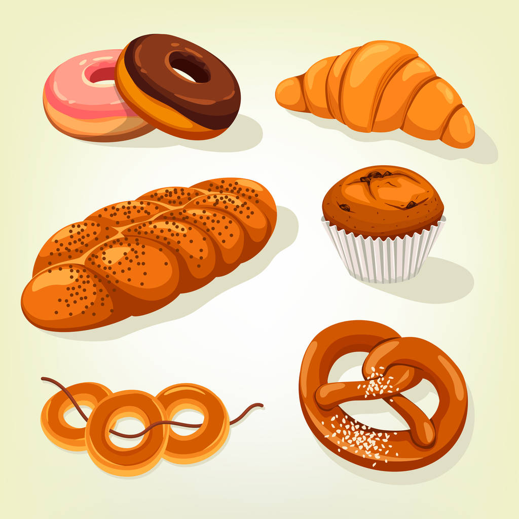 Πολύσπορο ψωμί και κέικ αρτοποιείο, κρουασάν - Διάνυσμα, εικόνα