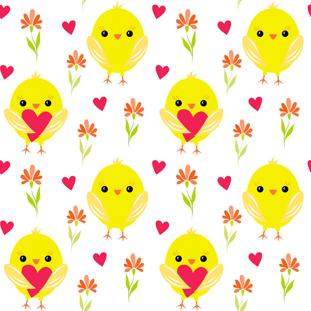  yellow chickens and hearts - Vector, Image