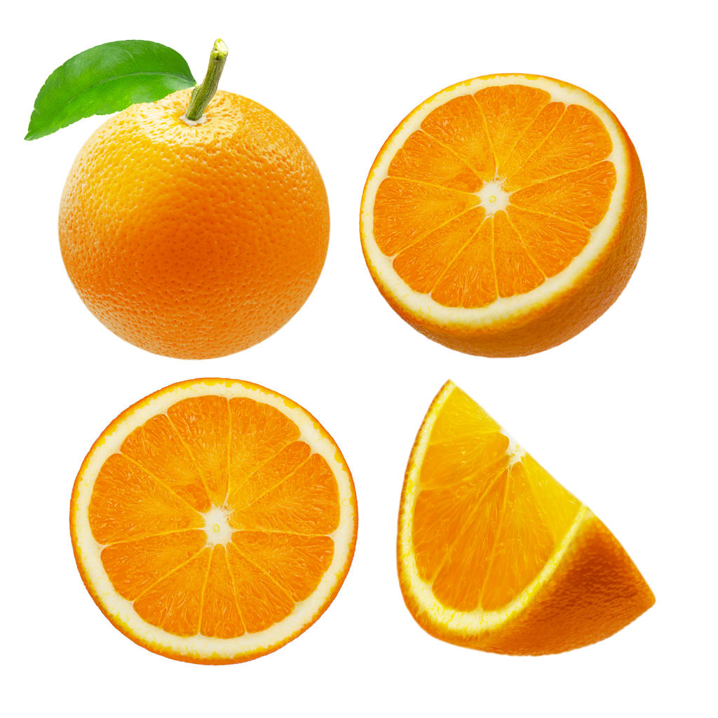 Frutas y rodajas enteras de naranja aisladas sobre fondo blanco
 - Foto, imagen
