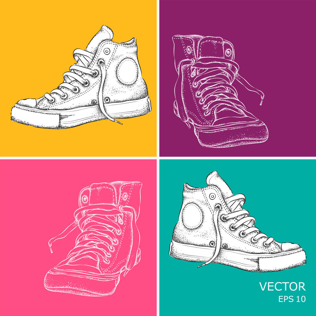 Handgetekende vintage sneakers. Pop-art stijl vectorillustratie. - Vector, afbeelding