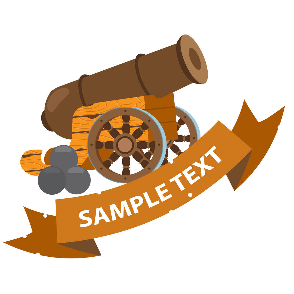 Cannon with nuclei with ribbon banner. Weapons of the Middle Ages. Pirate theme. - Vector, Image