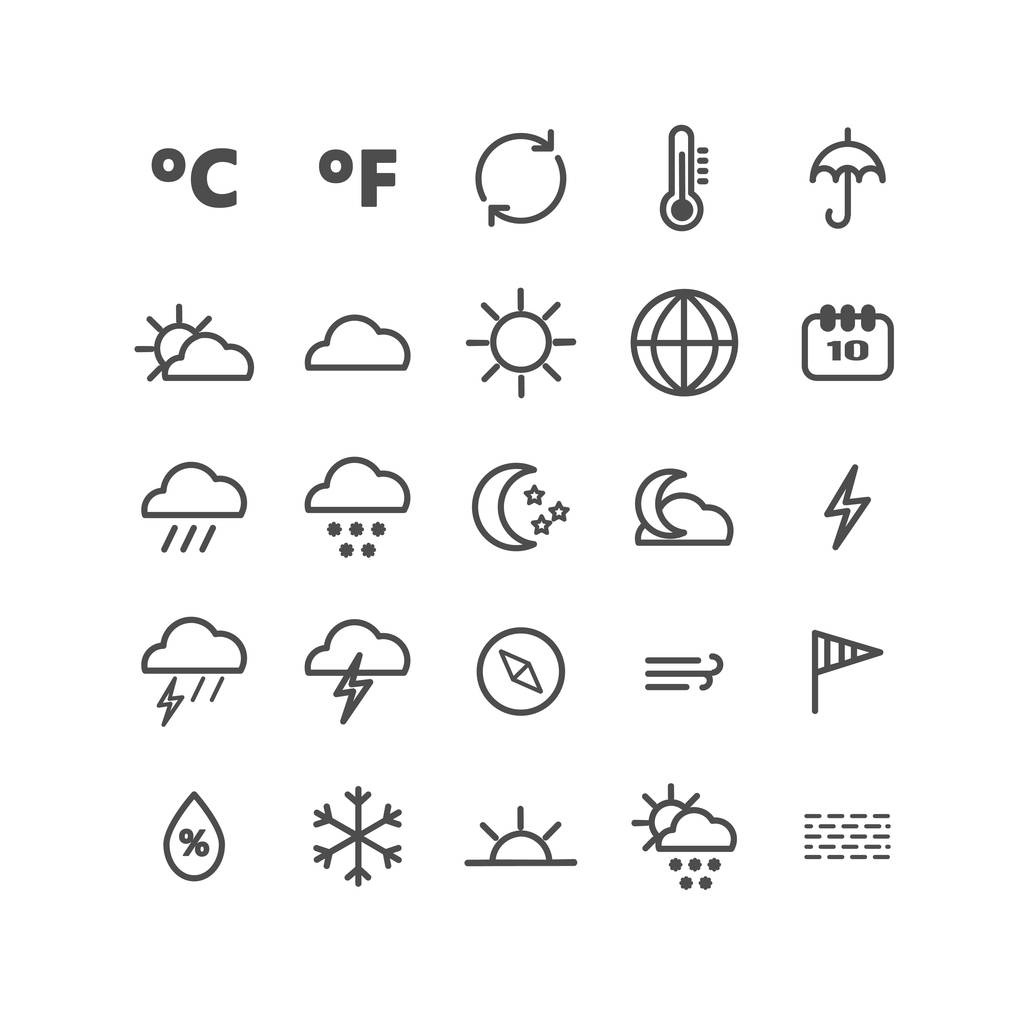 Коллекция линейных погодных икон. Тонкие иконки для веб, печати, дизайна мобильных приложений
 - Вектор,изображение